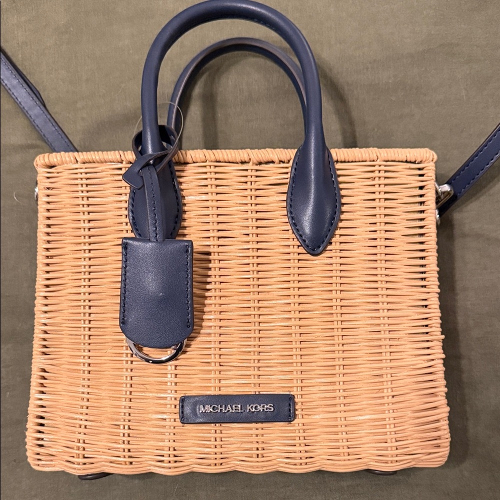 Michael Kors Navy and Tan Woven Crossbody Bag